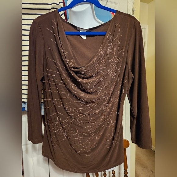 #403 Bleeker & McDougal- Brown draped front beaded top- Size: XL - Picture 1 of 4